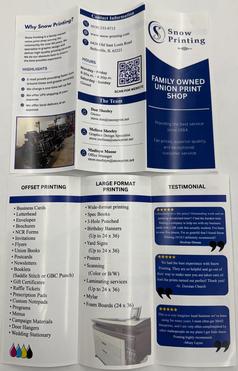 The Snow Printing tri-fold brochure laid open, showing contact details, the team, services and customer testimonials